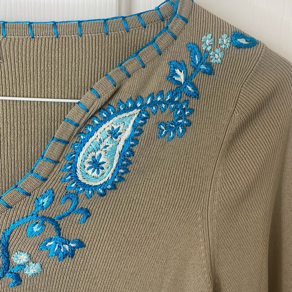 Erik Spencer Khaki Turquoise White Embroidery Sweater Top S - Picture 7 of 9